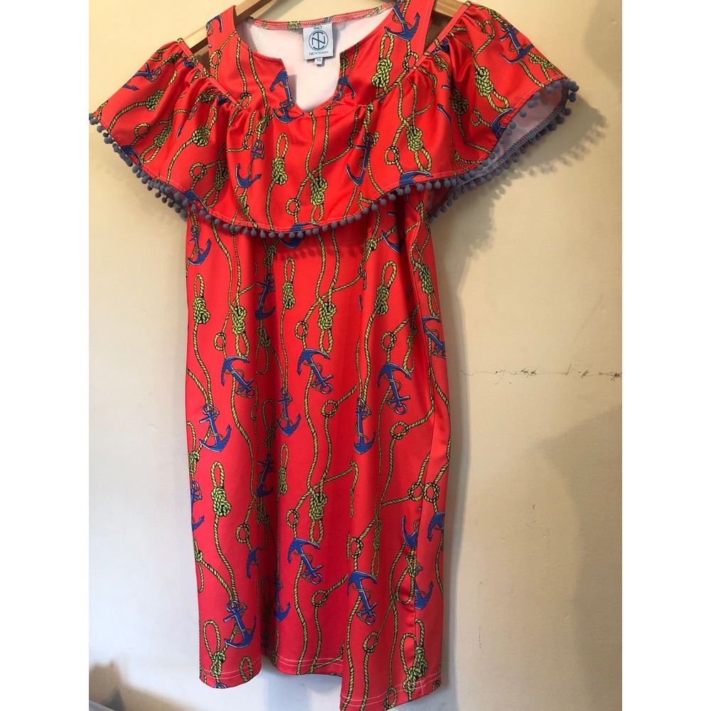 Tracy Negoshian Red Nautical Anchor Rope Cold Shoulder Ruffle Pom Pom Dress XS